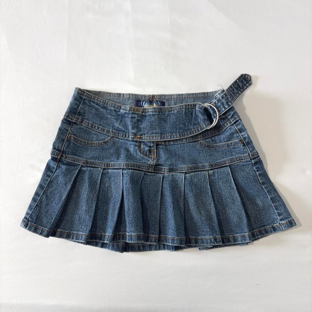 Angels Mini Skirt Women Size 3 Blue Excellent Vintage Y2K Low Rise Pleated Denim